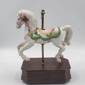 Vtg Westminster Musical Carousel Horse Wood Base Pink Roses Pearl Trim